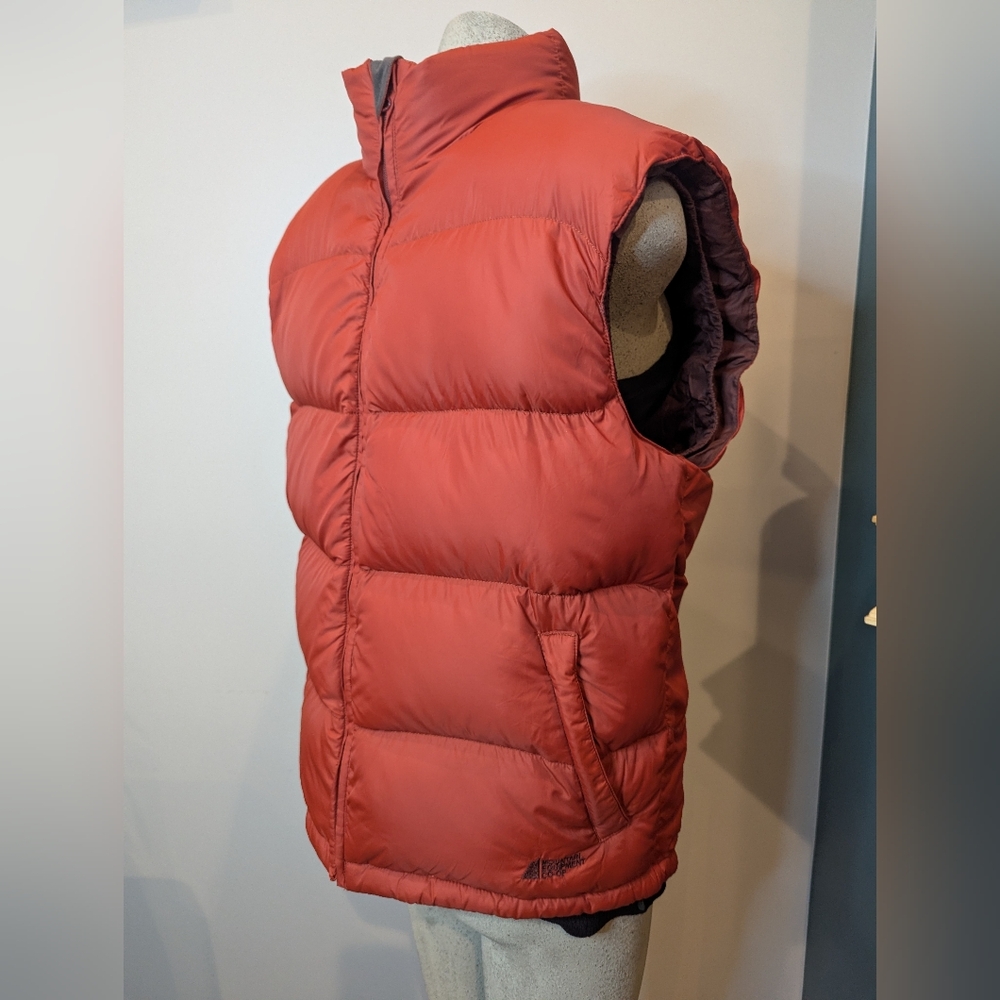 MEC men's super puffer down vest in burnt orange & burgundy, Mens M Women's M/L